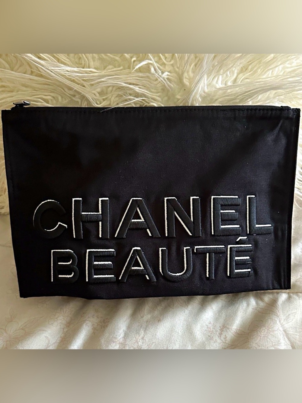 CHANEL Black Cosmetic Pouch with White Embossed 'CHANEL BEAUTE'🤩🖤